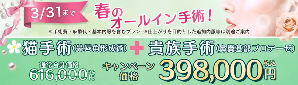 【春のオールイン手術！】猫手術(鼻唇角形成術)＋貴族手術(鼻翼基部プロテーゼ)'バナーイメージ