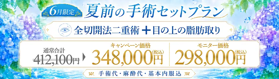 【夏前の手術セットプラン】全切開法二重術＋目の上の脂肪取り'バナーイメージ
