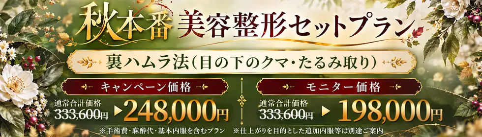 【秋本番 美容整形セットプラン】裏ハムラ法（目の下のクマ・ふくらみ取り）'バナーイメージ